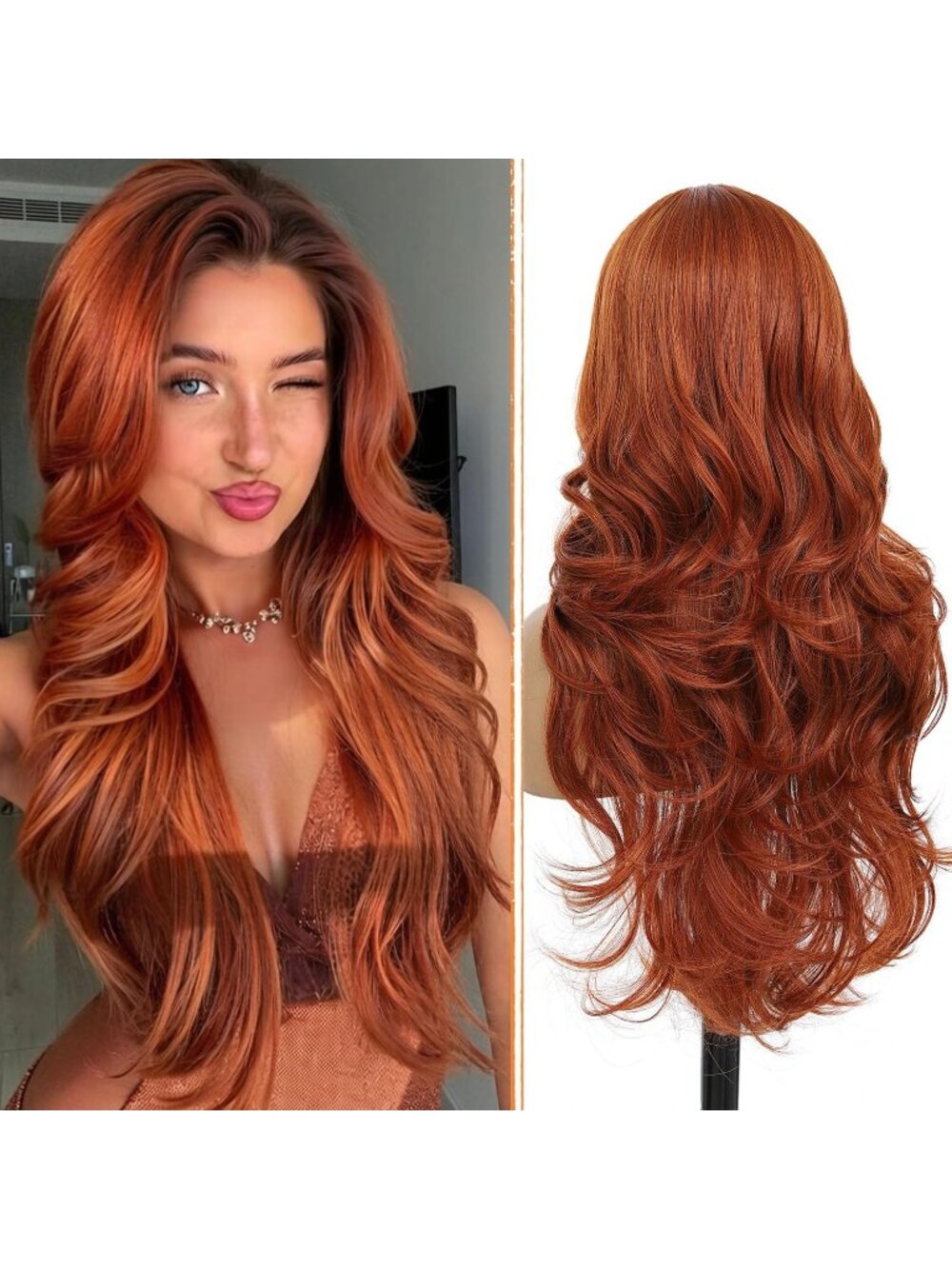 Women's Ginger Orange Heat Resistant Synthetic Layered Modern Long Wavy Wigs